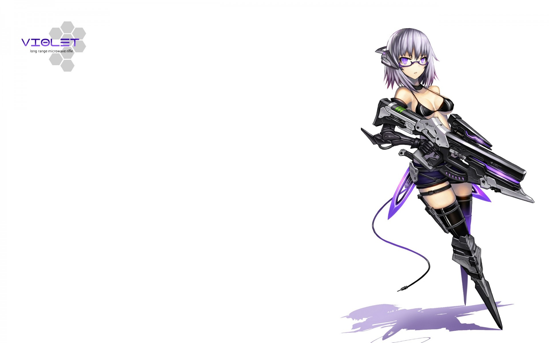 flying fortress bikini short hair purple hair purple eyes white sunglasses weapon