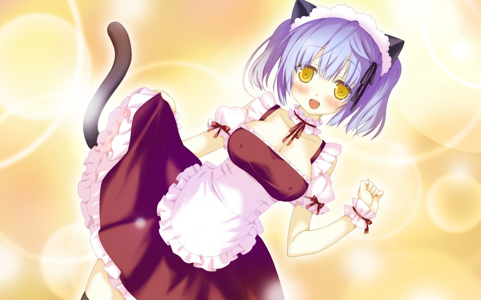 necklace short hair tapes headwear blush maid apron tail dress animal ears thighhighs blue hair