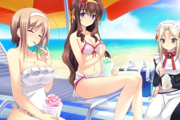 Due ragazze in costume da bagno e una cameriera in spiaggia