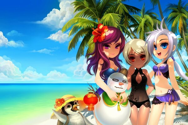 Tres chicas en trajes de baño en la playa con un pingüino