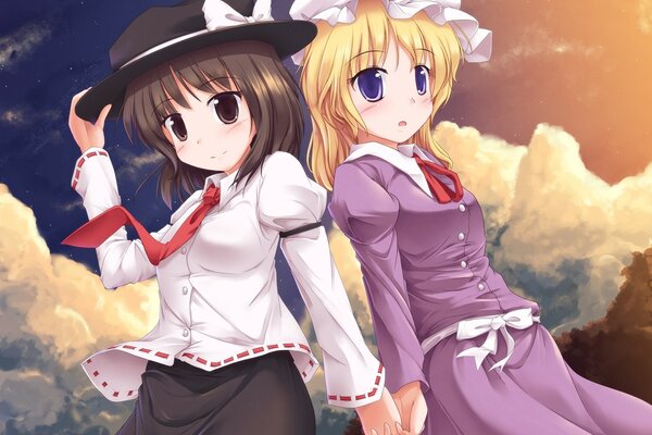 Zwei Anime-Mädchen tragen einen Hut