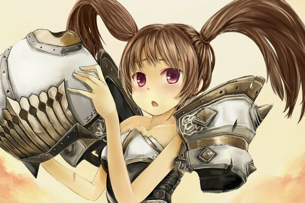 A girl in armor and red eyes