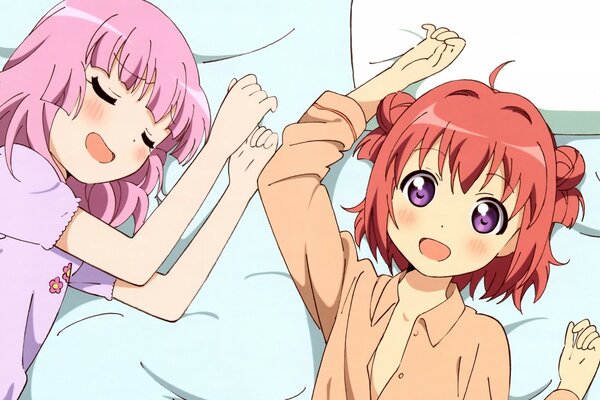 Anime couple sleeping on a bed together