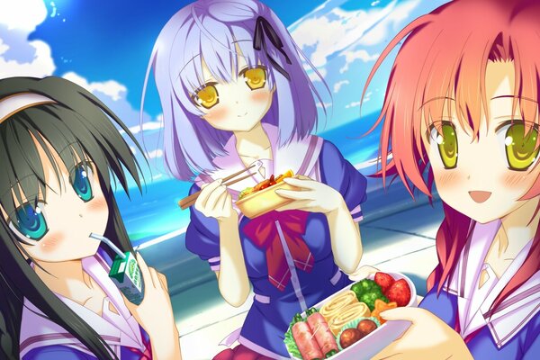 Tres chicas de anime en un picnic