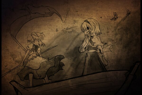 Girls in a boat with a scythe