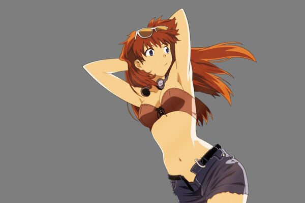 Anime girl in unbuttoned shorts