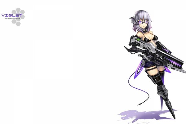 A girl with purple eyes and hair with a gun in her hands