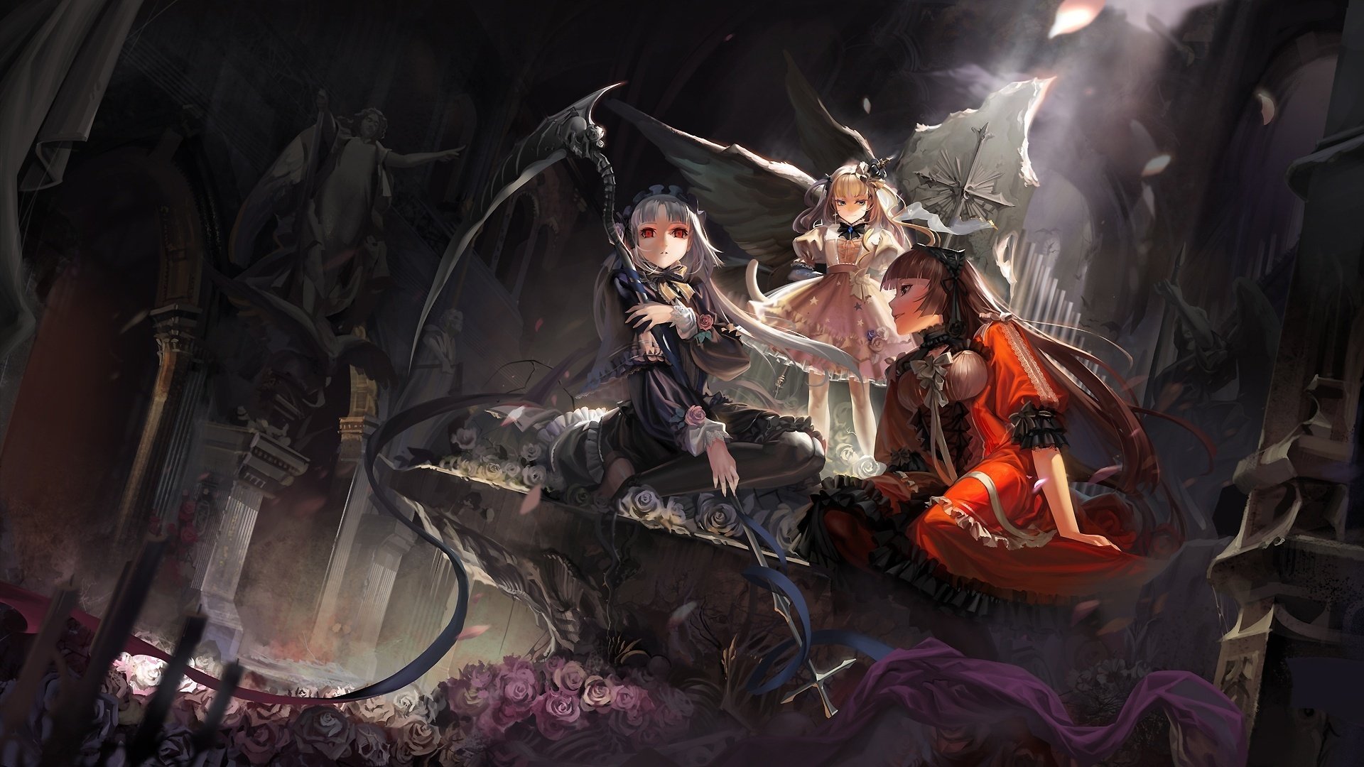 filles sur la montagne robes vives armes dessins grotte nuit filles-a