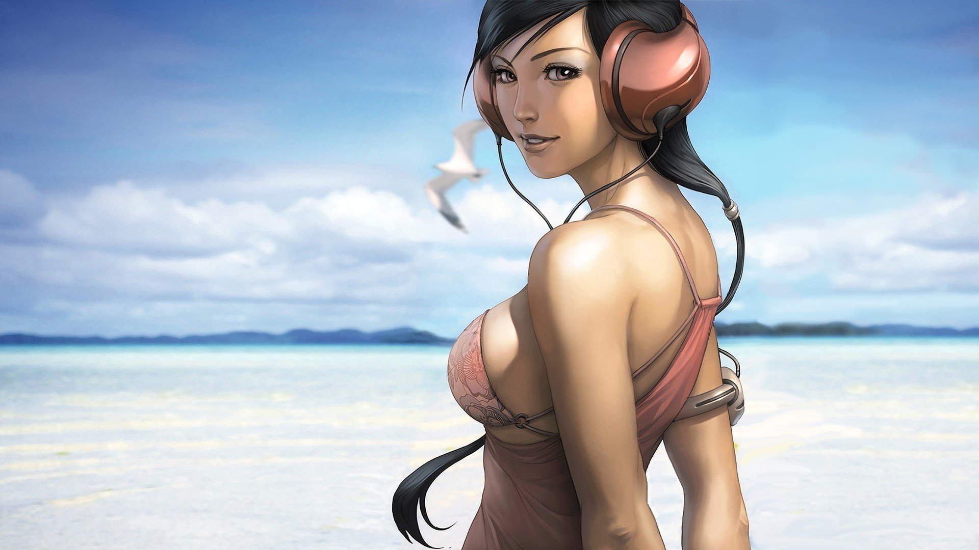 figure girl headphones sea clouds the sky anime birds seagull summer stay drawings girls face eyes smile chest