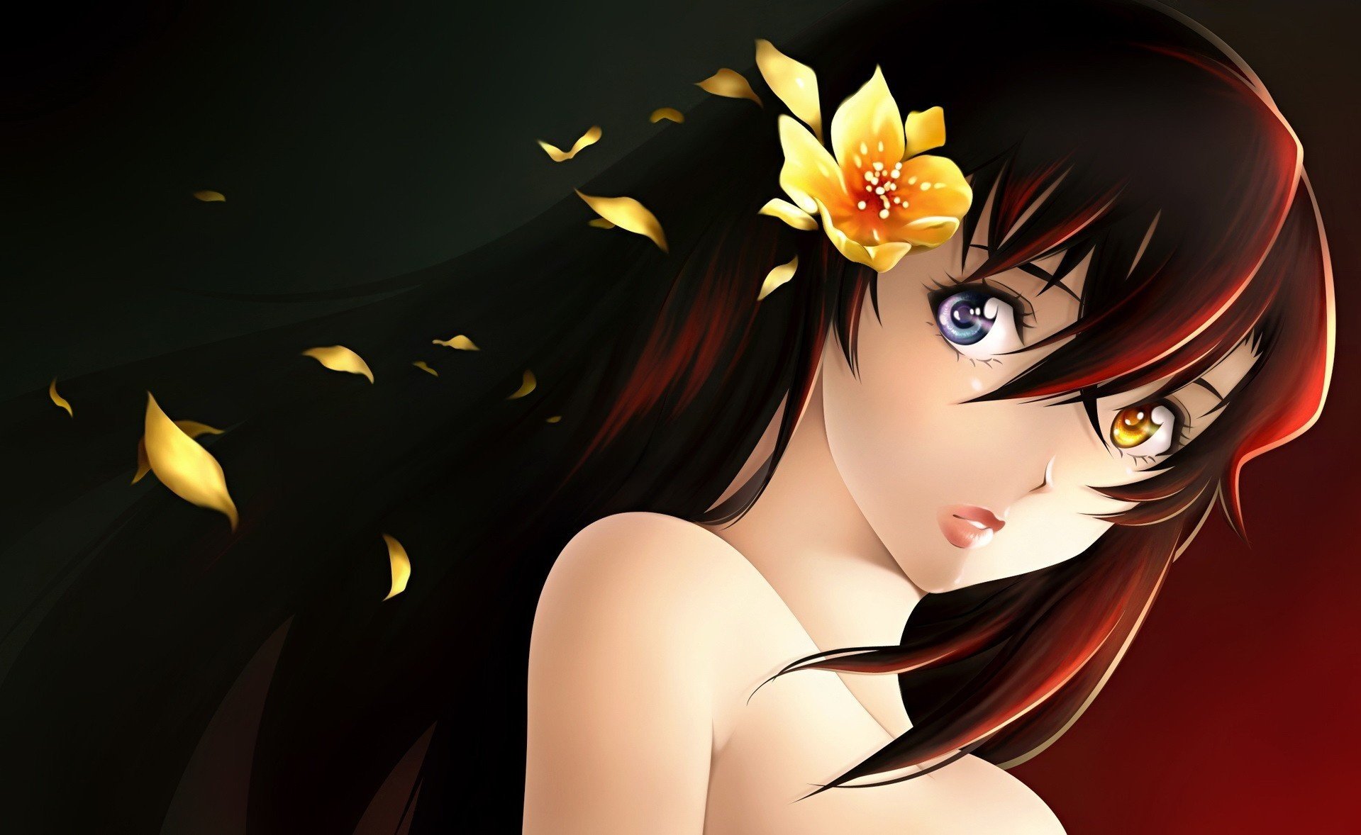 fille fleur dans les cheveux yeux différents dessins anime yeux fille-a visage-a yeux-a portrait-a