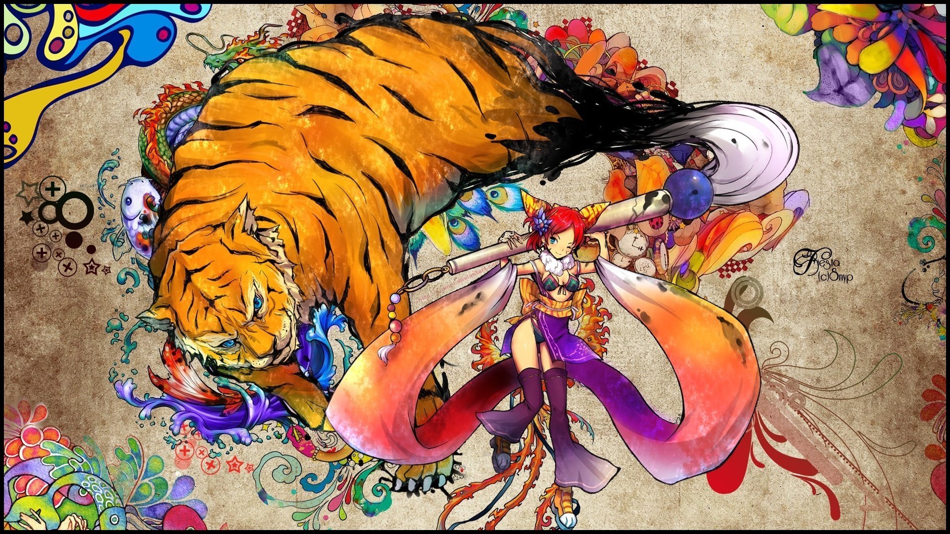 the multi-colored flowers figure tiger girl girls animal