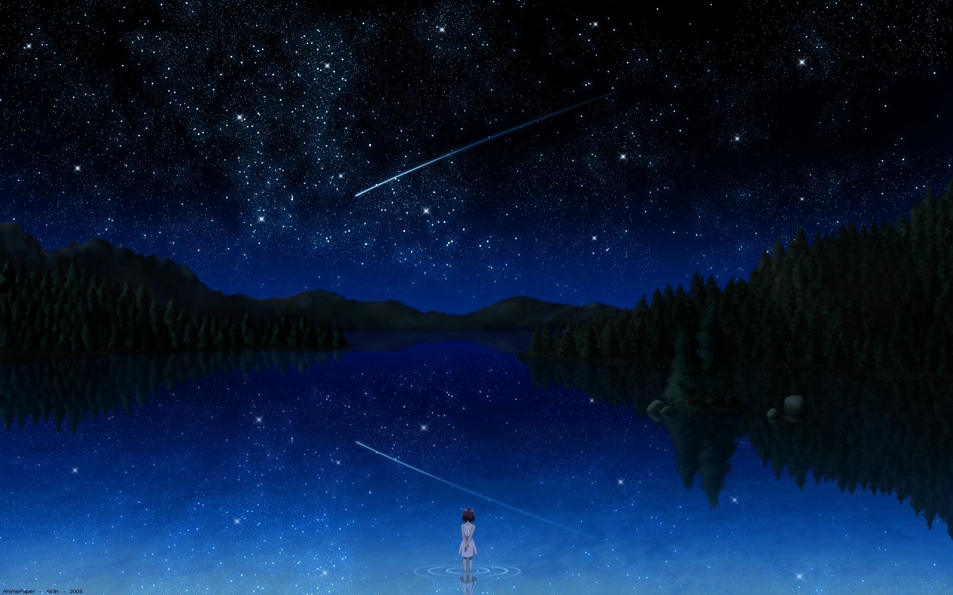 mädchen am see nacht sternenhimmel fichten meteore ufer zeichnungen anime himmel-a