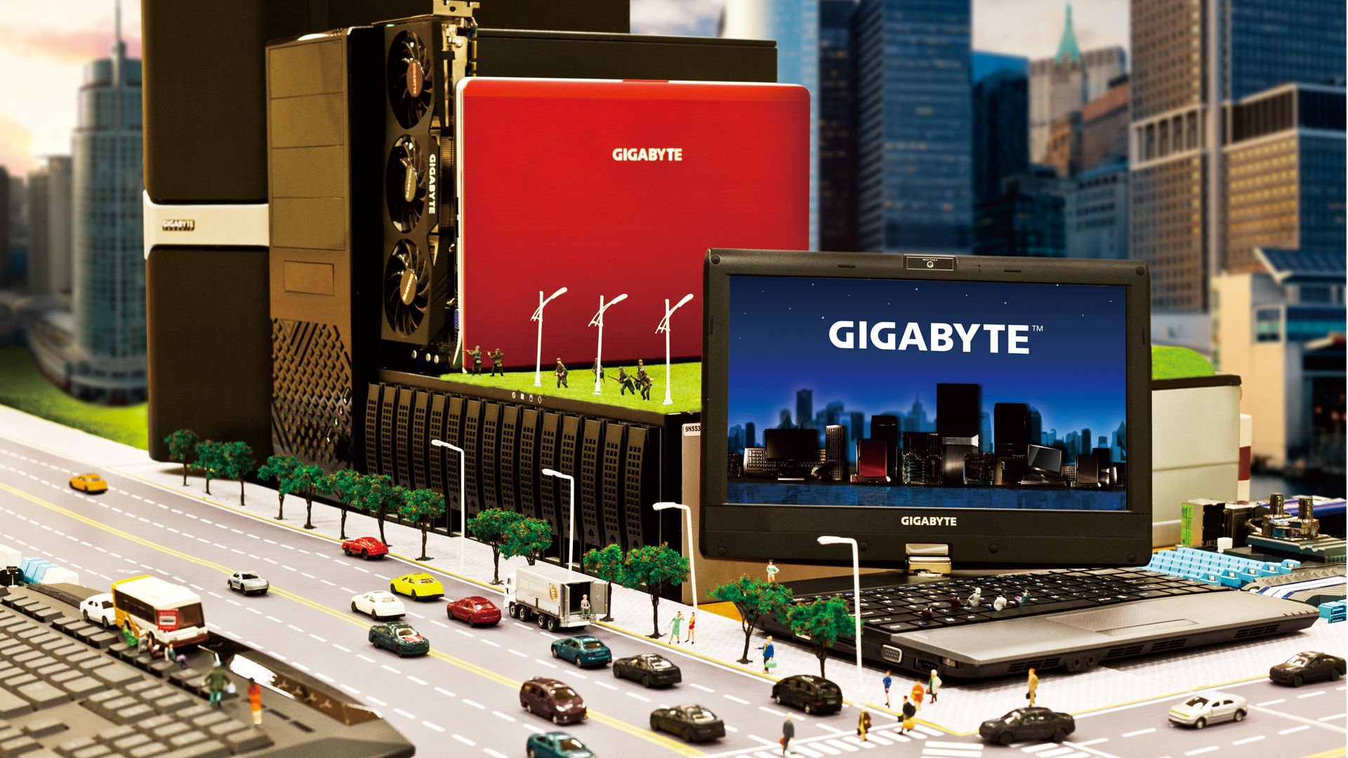 gigabyte город нетбук машины улица деревья куклы