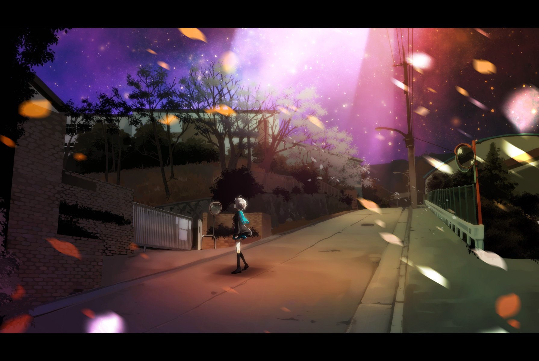 the girl at the gate leaves autumn drawings the city night anime cartoon the sky star