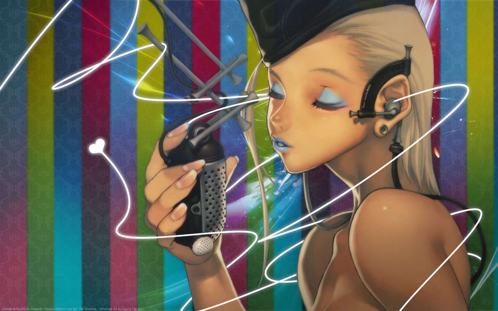 triped wallpaper the girl at the microphone blue makeup blonde drawings girls face music