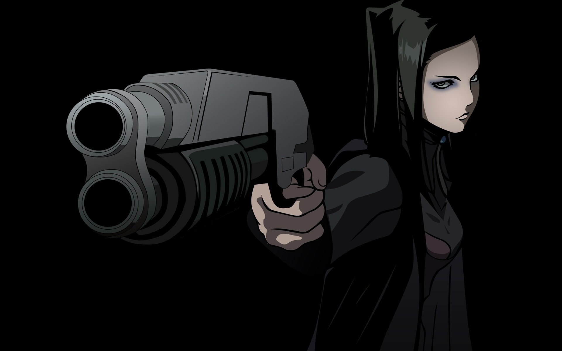 ergo proxy ciemność dziewczyna w czerni pistolet noc lufa strzelanie anime dziewczyna automat dziewczyny-a twarz-a oczy-a rysunki strzelec-a