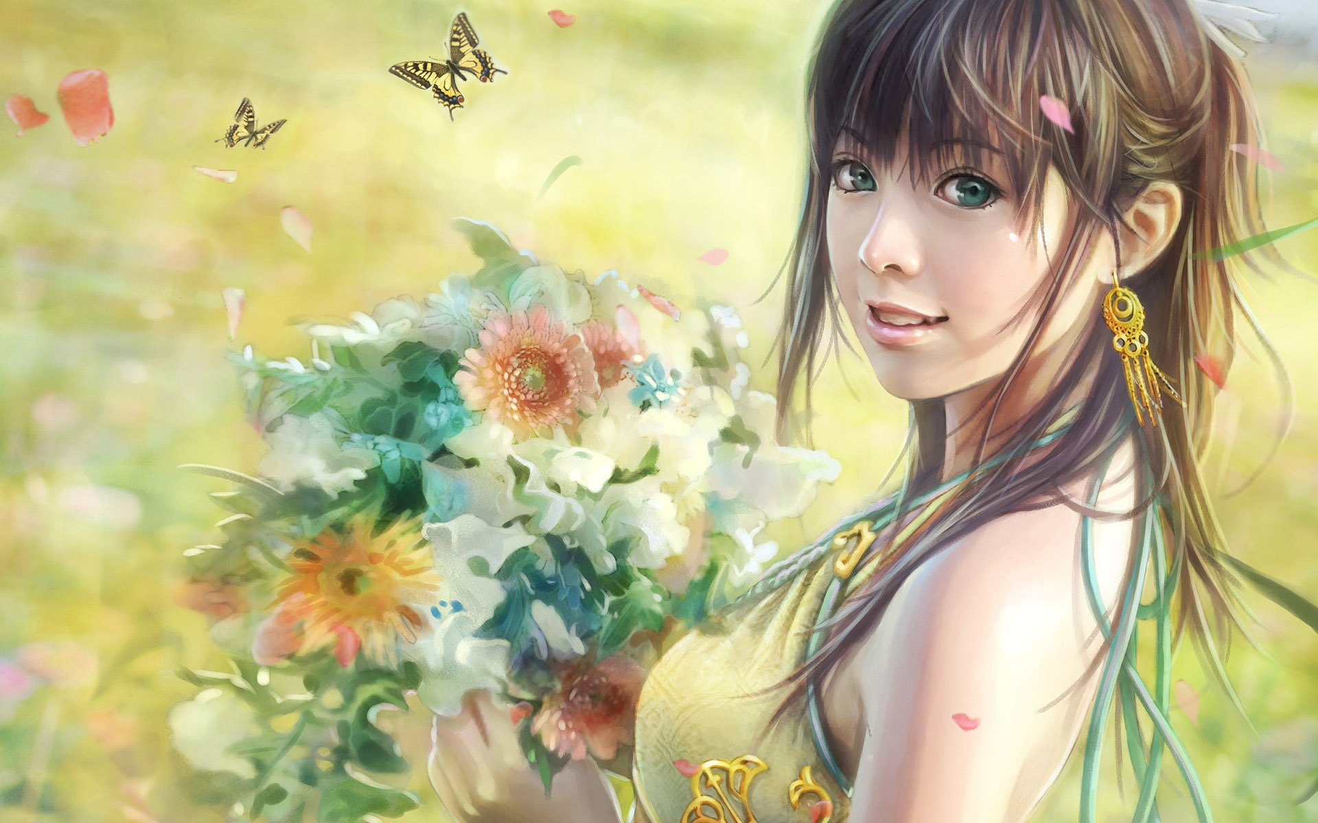 fleurs princesse printemps nature papillons fille boucles d oreilles grands yeux anime été bouquet aux yeux verts dessins filles visage yeux portrait sourire