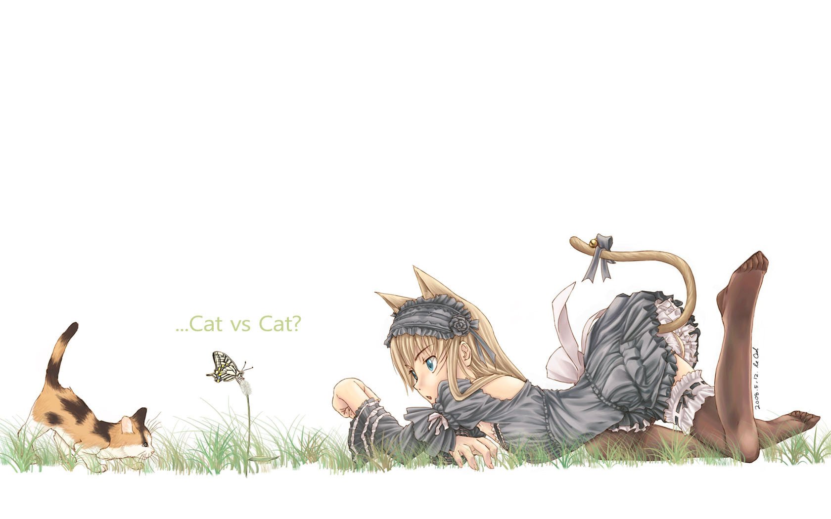 girl cat delicate sundress cat kitten-a imp-a drawings butterfly cat hunting grass tail