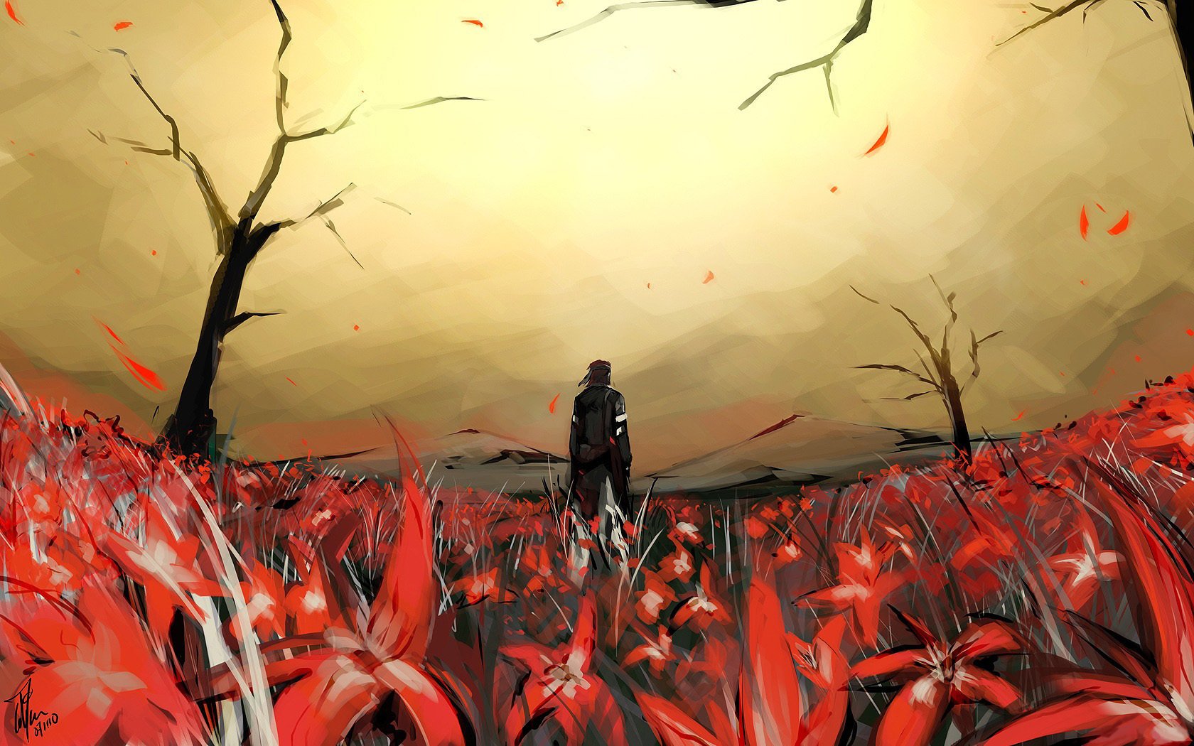 red field of flowers guy dry trees drawings the sky trees field