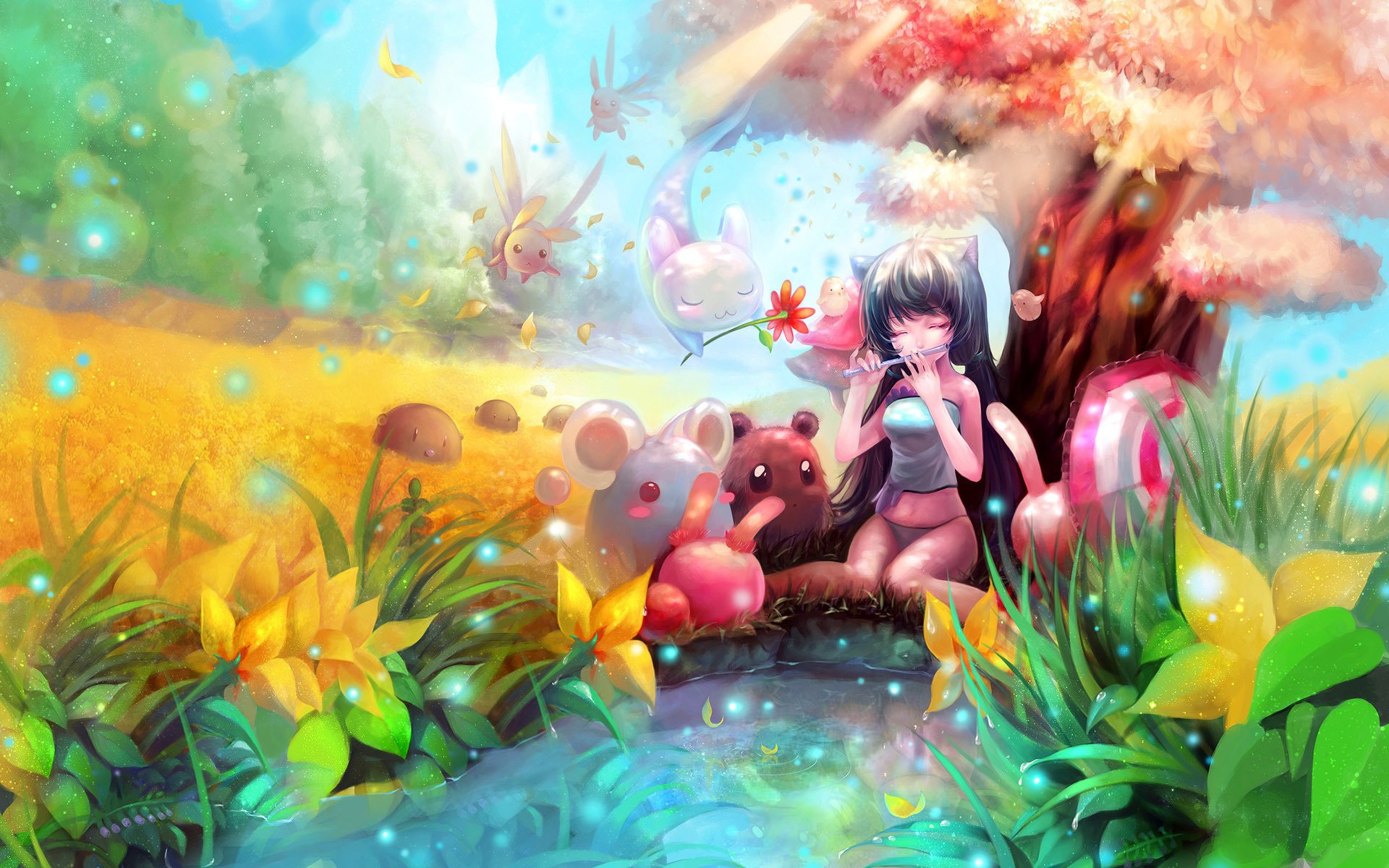 frühlingsstimmung düsenspiel blumen pfeife mädchen sommer natur blüte blume teich teich anime kreaturen zeichnungen mädchen-a gesicht-a augen-a