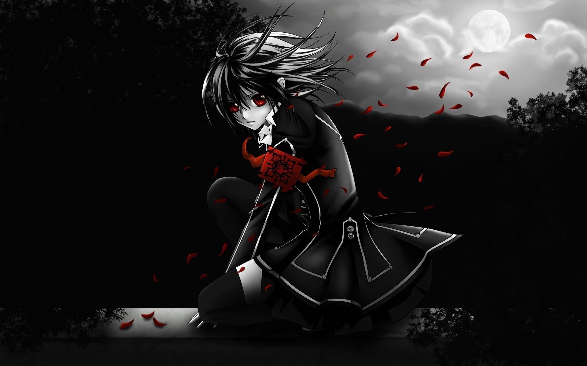 the girl with red eyes night the moon black drawings darkness petals anime picture knight vampire girls face eye