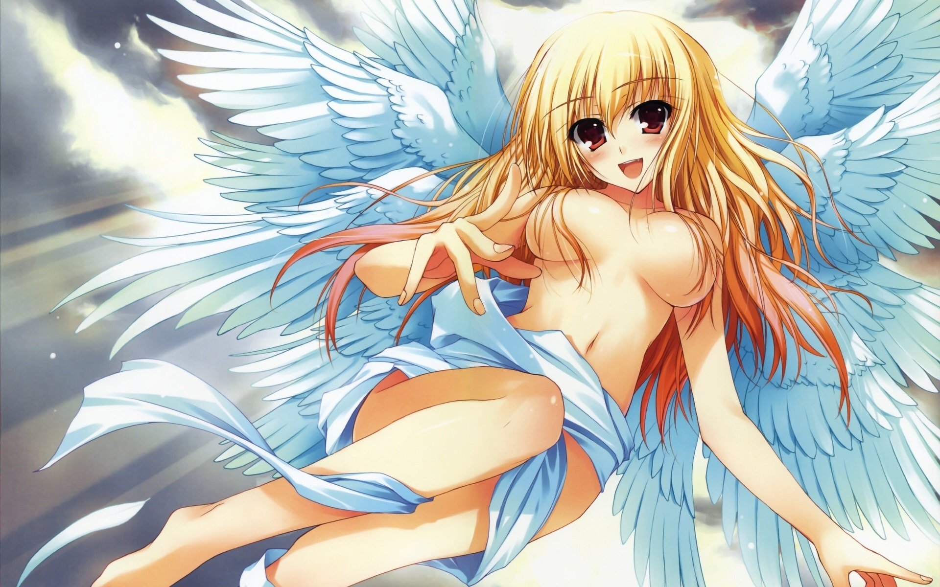 cielo alas tierna belleza anime cabello sonrisa pechos rayos dibujos erótica ojos grandes rubias chicas-a cara-a ojos-a pechos-a erótica - a sonrisa - a ángel