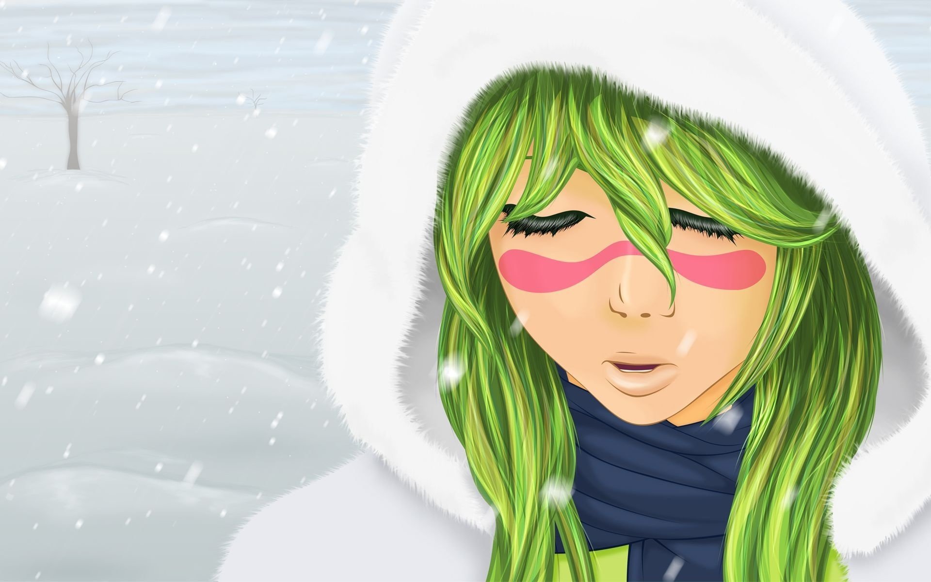 winter time white coat green hair snow girl hood girls face drawing