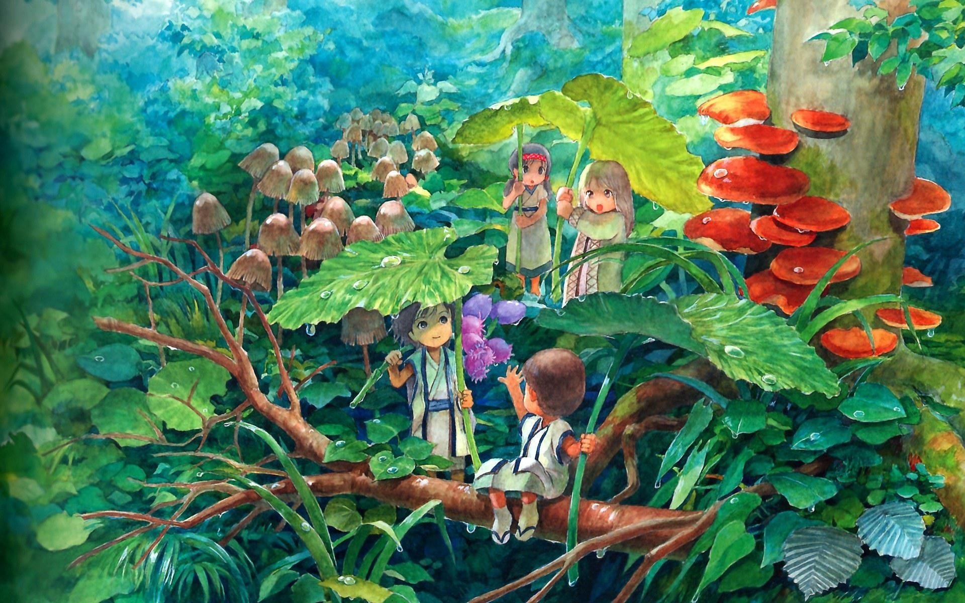 hombrecitos dibujo infancia setas matorrales selva niños vegetación gotas rocío hojas tronco