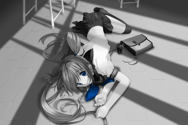 Anime girl with blue Eyes lying on the floor