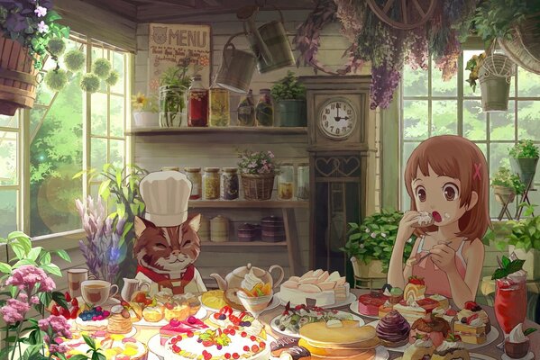 Сладкое чаепитие с рыжим котом и девочкой