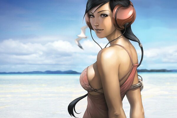 Anime girl with headphones on the beach