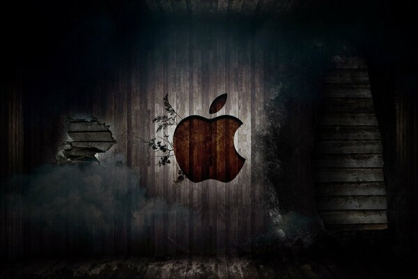 Apple logo on a wooden wall