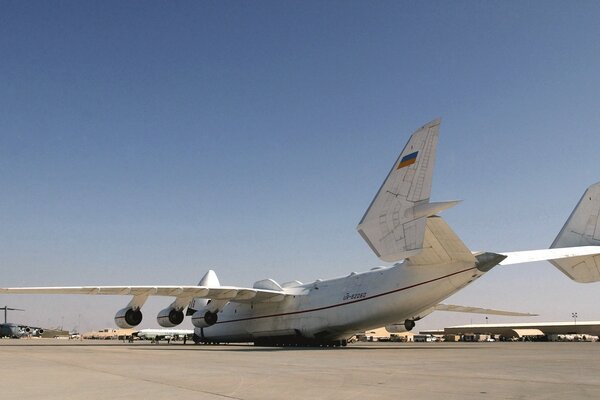 The majestic AN 225 plane is resting at the airfield