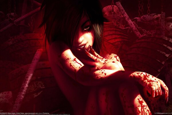 A vampire girl on a red background with blood all over her body and burning eyes