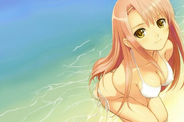 Dziewczyna z anime w kostiumie kąpielowym na plaży