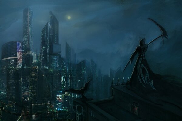 Death with a scythe on the background of a night city