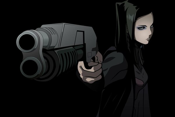 A girl in black at night and with a gun