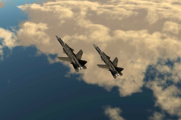 Zwei Militärflugzeuge kreisen hoch am Himmel