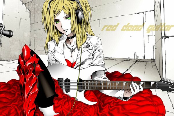 Anime chica en falda roja se sienta con la guitarra