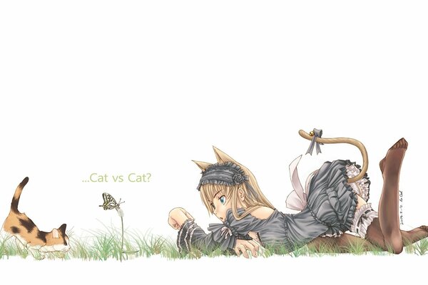 A cat girl in front of a kitten on the grass