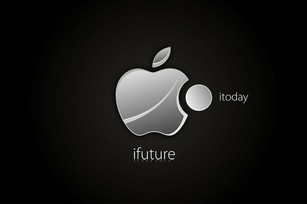 An unusual APPLE logo in the form of a Pacman eating the future