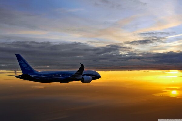 Boeing 787 makes a flight against the background of clouds