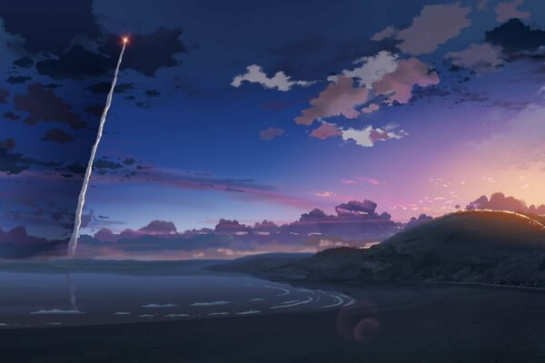 Rocket launch on the background of the night sky. Drawing