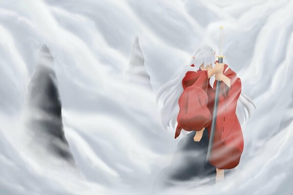 Samurai in a red raincoat in the snow