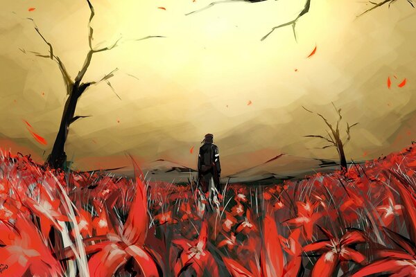 Un gars solitaire sur un champ rouge