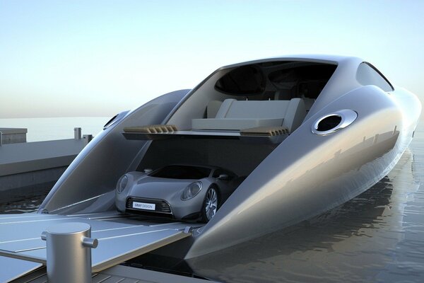 Porsche fährt von einer futuristischen Yacht zum Liegeplatz