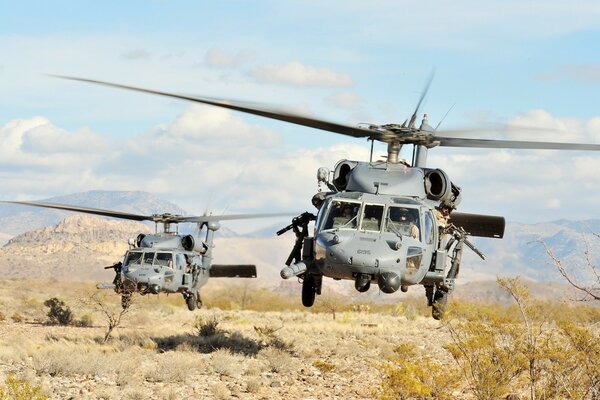 Two gray helicopters in the desert