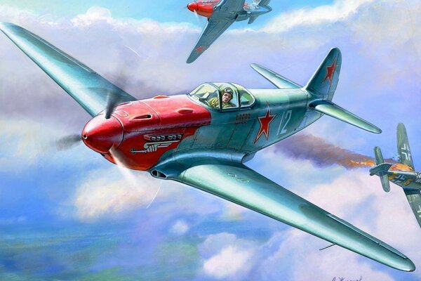 Советский военный самолет истребитель в воздушном бою