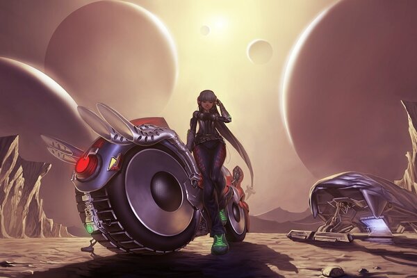 A girl with a big motorcycle on another planet with rocks in the background