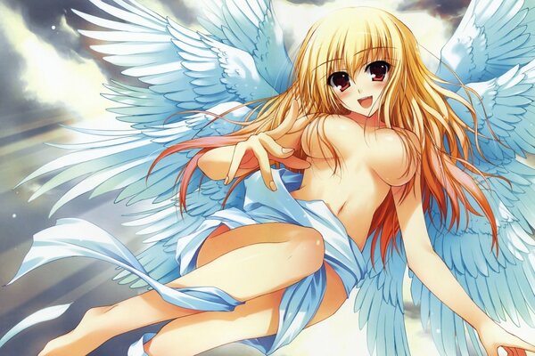 A half-naked girl with wings flying in the sky